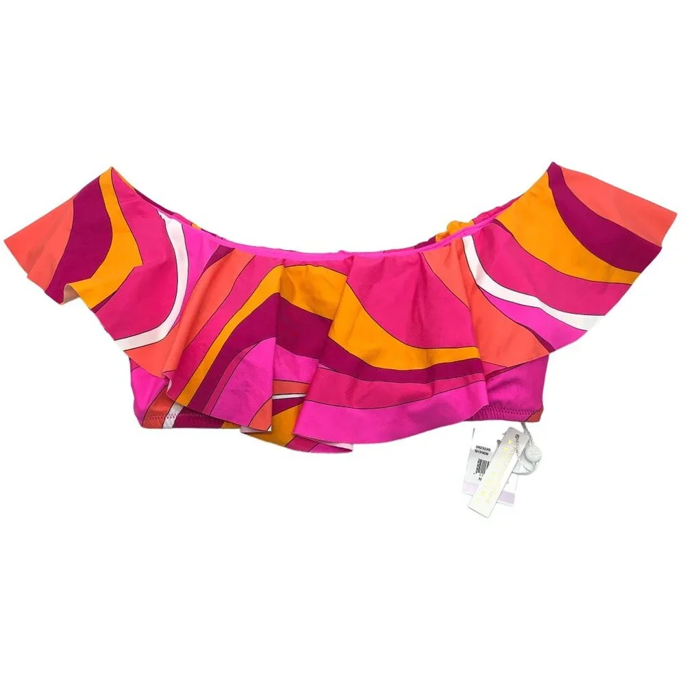 Trina Turk Vivid Vista Printed Ruffled Bandeau Bikini Top Pink Orange 10 - Picture 3 of 6